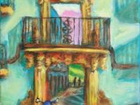Rhonda Afternoon - Spain balcony painting in impressionist blue cyan hues, original spanish architecture fine art