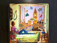 Whimsical window painting, original artwork of Singapore girl on London night with Big Ben clock, homesick for Singaporean peranakan food