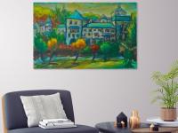 Sanctuary -Original Impressionist Green Camino de Santiago Landscape Oil Painting of spanish monastery building in whimsical chagall style