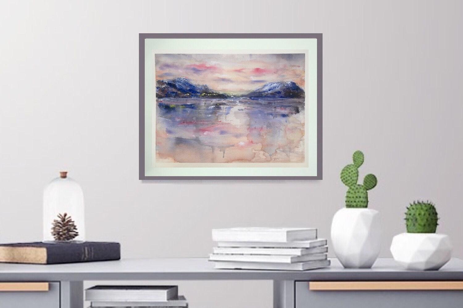 Dreamcatcher - Icelandic sunset abstract landscape watercolor painting art of Iceland Akureyri with snow mountains coastal water reflections