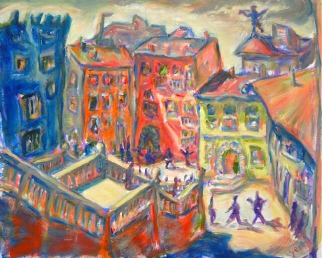 Latte Afternoon Impressionist Spanish Oil Painting - Whimsical Girona Cityscape Art - European Art for Home decor - Spain Travel Vibes Art