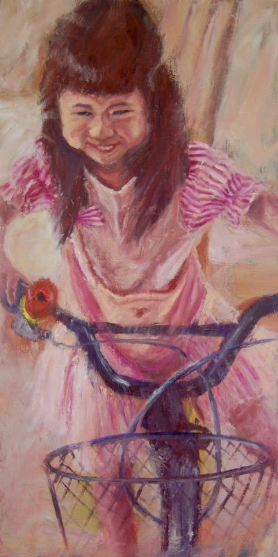 Girl And Bike - 36x18x1.5 in - oil canvas '18 - first times - NFS