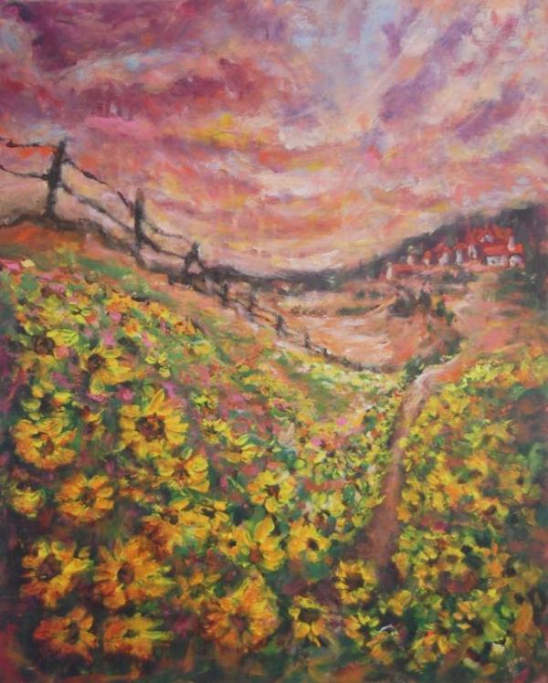 Twilight - 30x24 in - acrylic canvas '18 - sunflowers - SOLD (commissioned)