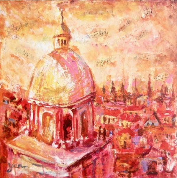 From Prague With Love - 18x18x1.5 in - mixed media canvas '17 - czech - SOLD