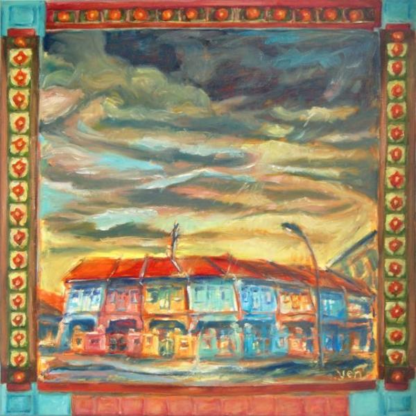 Our Beloved Peranakan Houses - 30x30 in - oil canvas '17 - singapore joo chiat - SOLD