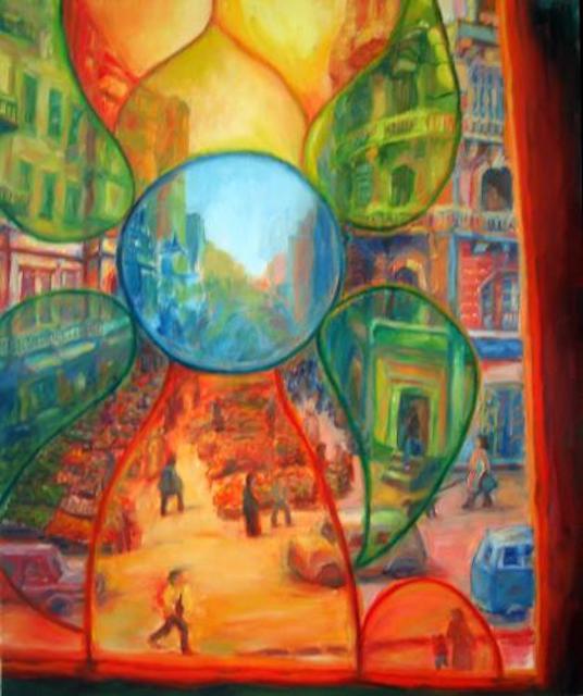 Leisure ~ Street View Through Stained Glass - 24x20 in - oil canvas '07 - egypt cairo - SOLD