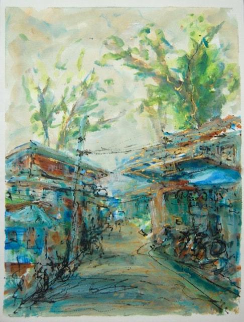 Ubin Main Village - 16x12in - acrylic paper '19 - singapore ubin - SOLD
