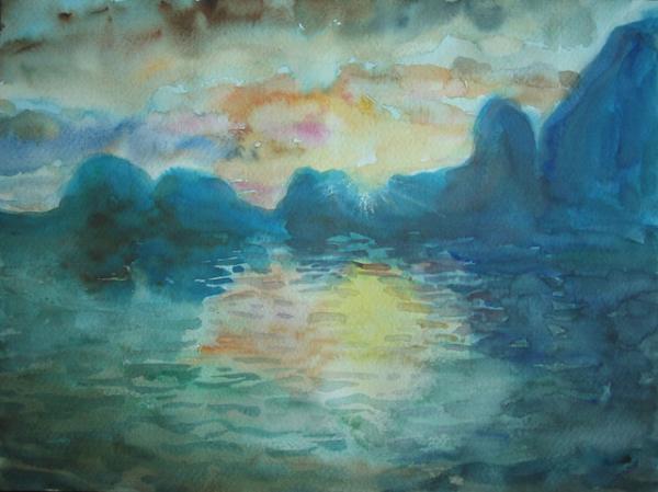 Sunrise At Halong Bay - 30x23cm - watercolor '07 - vietnam - SOLD