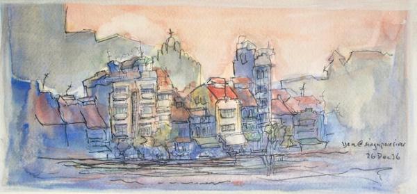 Singapore River 1 - 6x12in - ink & watercolor '16 - singapore - SOLD