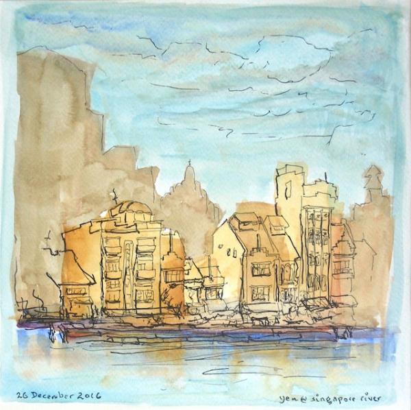 Singapore River 2 - 10x10in - ink & watercolor '16 - singapore - SOLD