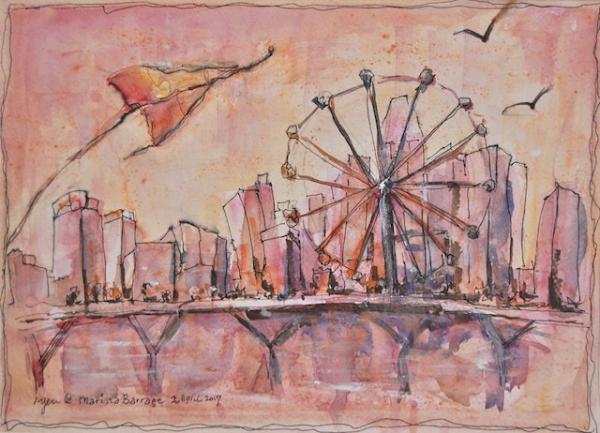 Marina Barrage - 9x12in - ink & watercolor '17 - singapore - SOLD
