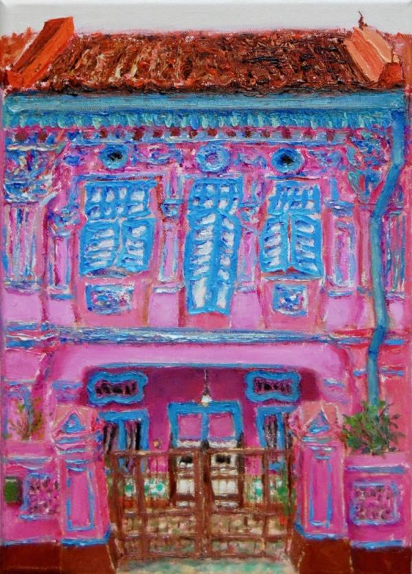 The 8 Peranakan Houses ~ pink (14) - 14x10 in - oil canvas '22 - singapore joo chiat/koon seng - SOLD