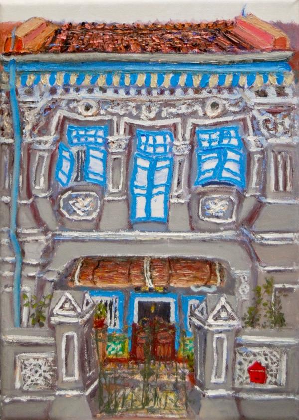 The 8 Peranakan Houses ~ grey (8) - 14x10 in - oil canvas '22 - singapore joo chiat/koon seng - SOLD