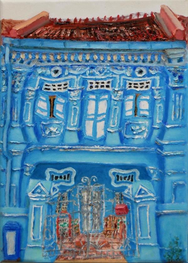 The 8 Peranakan Houses ~ blue (4) - 14x10 in - oil canvas '22 - singapore joo chiat/koon seng - SOLD