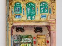 3 - Yellow green impasto chinese shophouse oil painting at Singapore city heritage street of peranakan architecture in impressionist colors -SH3
