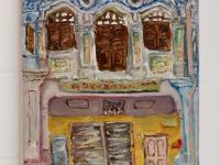 6 - Bluish pink impasto chinese shophouse oil painting at Singapore city heritage street of peranakan architecture in impressionist colors -SH6