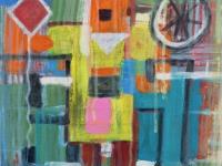 Happy Robot Figure Abstract Art Painting, a colorful original modern artwork, acrylic on canvas, with cheerful colour blocks, shapes n lines