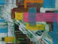 Cyan blue theme figures abstract art painting of girl in pink, original modern artwork, acrylic on canvas, with block colors, paint splashes and etchings