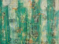 Abstract city buildings original painting in whimsical green shapes, a mixed media fine art mood artwork with atmospheric layers and collage