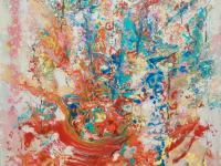 Ethereal Abstract Floral Acrylic Canvas Painting - Red Pot Flowers and Blue Birds - Original Artwork - Chinese Painting Style - Pour Art