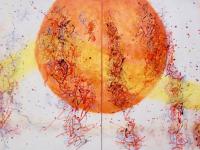 Whimsical uplifting art painting of bright orange sun imagery, abstract expressionist original artwork with calligraphy lines and etchings