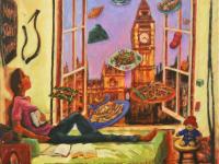 Whimsical window painting, original artwork of Singapore girl on London night with Big Ben clock, homesick for Singaporean peranakan food