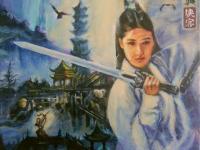 Condor And Heroes -ancient china swordswoman Jin Yong wuxia fantasy painting with pagoda, chinese mountains landscape, condors, archer