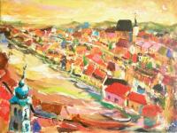 Cesky Krumlov - Impressionist Landscape Painting Original Art, European, Czech, River City, Chagall Style, Impressionist, Whimsical Houses