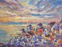 Greece Santorini landscape sea coast original scenery painting, acrylic artwork with greek island whitewashed houses in impressionist sunset