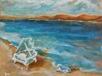 Piano Story Whimsical Music Art Painting - Dog Beach Impressionist Sea Landscape Fantasy - Blue Original Artwork Decor - Nature And Music