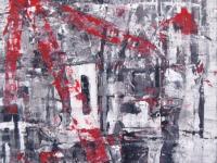 Ode - abstract art painting in black white building blocks with red windmill marks, original modern artwork, acrylic on canvas