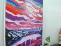 Akureyri -Iceland Winter Landscape Oil Painting, Van Gogh style, Snow Mountains, Sunset Sky, White Lake, Purple, Pink, Beautiful Scenery Art