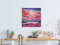 Akureyri -Iceland Winter Landscape Oil Painting, Van Gogh style, Snow Mountains, Sunset Sky, White Lake, Purple, Pink, Beautiful Scenery Art