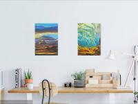 Unbending - Impressionist Abstract Oil Painting of Icelandic autumn nature scenery, original impasto fine art with water and clouds in wind