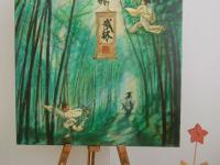 Bamboo And Wuxia World -ancient china green forest landscape painting with swordsmen and gongfu pugilists in chinese martial arts genre fantasy artwork
