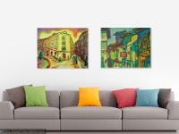 Bluesy -Camino de Santiago Oil Painting of Spanish Shophouses, original impressionist spain art in yellow surreal whimsical expressionism
