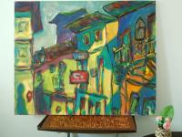 Bluesy -Camino de Santiago Oil Painting of Spanish Shophouses, original impressionist spain art in yellow surreal whimsical expressionism