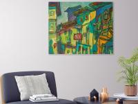 Bluesy -Camino de Santiago Oil Painting of Spanish Shophouses, original impressionist spain art in yellow surreal whimsical expressionism