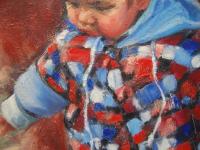 Boy & Cat - Whimsical Impressionist Child Figurative Painting, original oil artwork of innocence and curiosity by Singapore artist