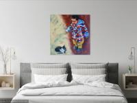 Boy & Cat - Whimsical Impressionist Child Figurative Painting, original oil artwork of innocence and curiosity by Singapore artist