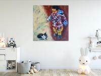 Boy & Cat - Whimsical Impressionist Child Figurative Painting,  original oil artwork of innocence and curiosity by Singapore artist