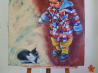 Boy & Cat - Whimsical Impressionist Child Figurative Painting,  original oil artwork of innocence and curiosity by Singapore artist