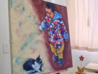 Boy & Cat - Whimsical Impressionist Child Figurative Painting,  original oil artwork of innocence and curiosity by Singapore artist