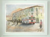 Old Singapore vintage bus original watercolour painting art with dreamy nostalgic street landscape of shophouses in warm impressionist hues