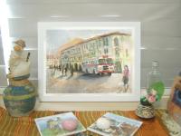 Old Singapore vintage bus original watercolour painting art with dreamy nostalgic street landscape of shophouses in warm impressionist hues