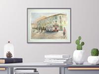 Old Singapore vintage bus original watercolour painting art with dreamy nostalgic street landscape of shophouses in warm impressionist hues