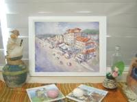 Old Singapore chinatown buildings original watercolour painting art with nostalgic vintage buses in dreamy pastel impressionist hues