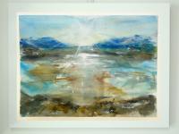 Cold Light - Icelandic sun lake mountains landscape watercolor painting art with water reflections in abstract impressionist blue