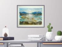 Cold Light - Icelandic sun lake mountains landscape watercolor painting art with water reflections in abstract impressionist blue