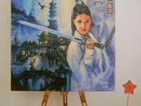 Condor And Heroes -ancient china swordswoman Jin Yong wuxia fantasy painting with pagoda, chinese mountains landscape, condors, archer